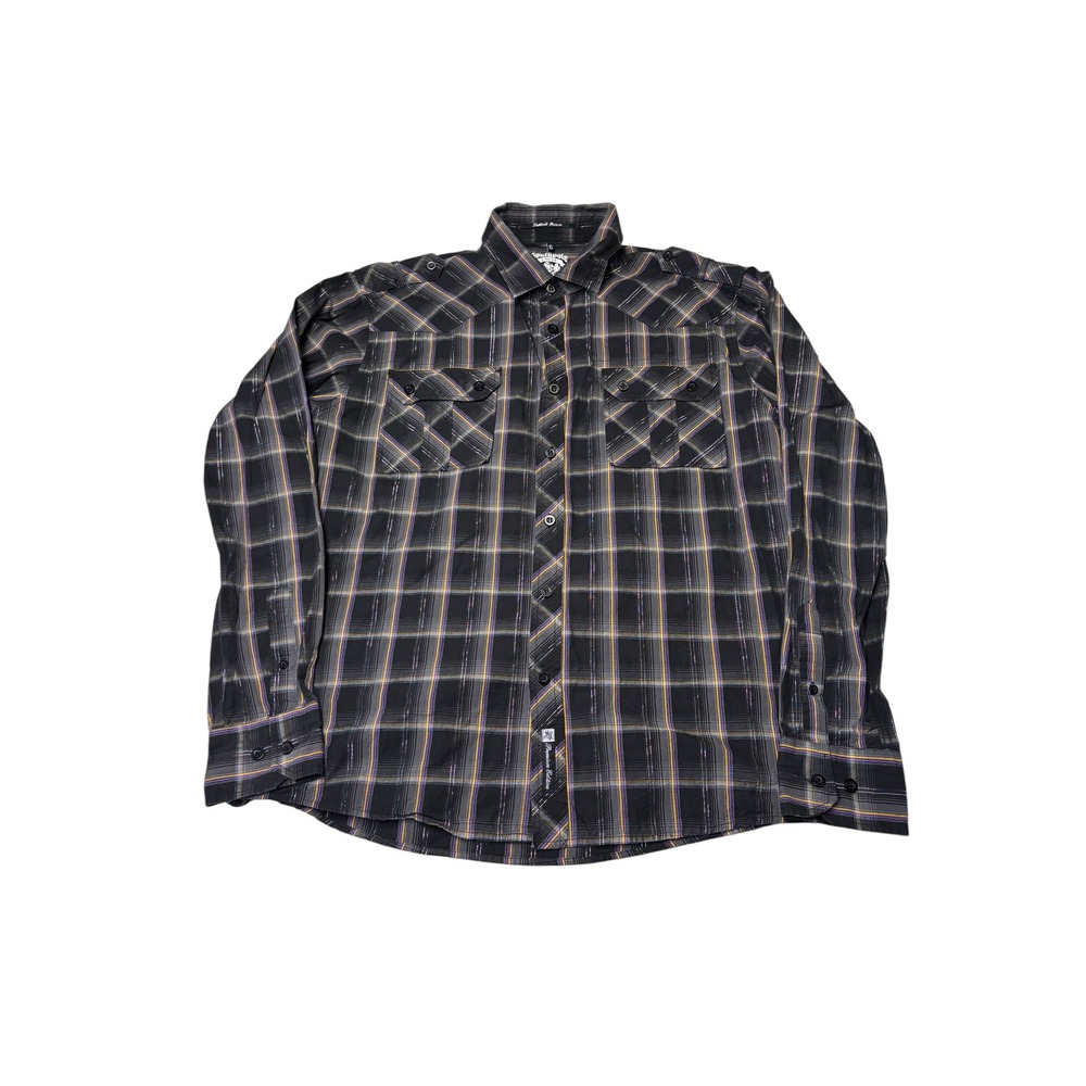 Southpole Premium Edition Mens XL Plaid Button Down Shirt Black Purple Yellow